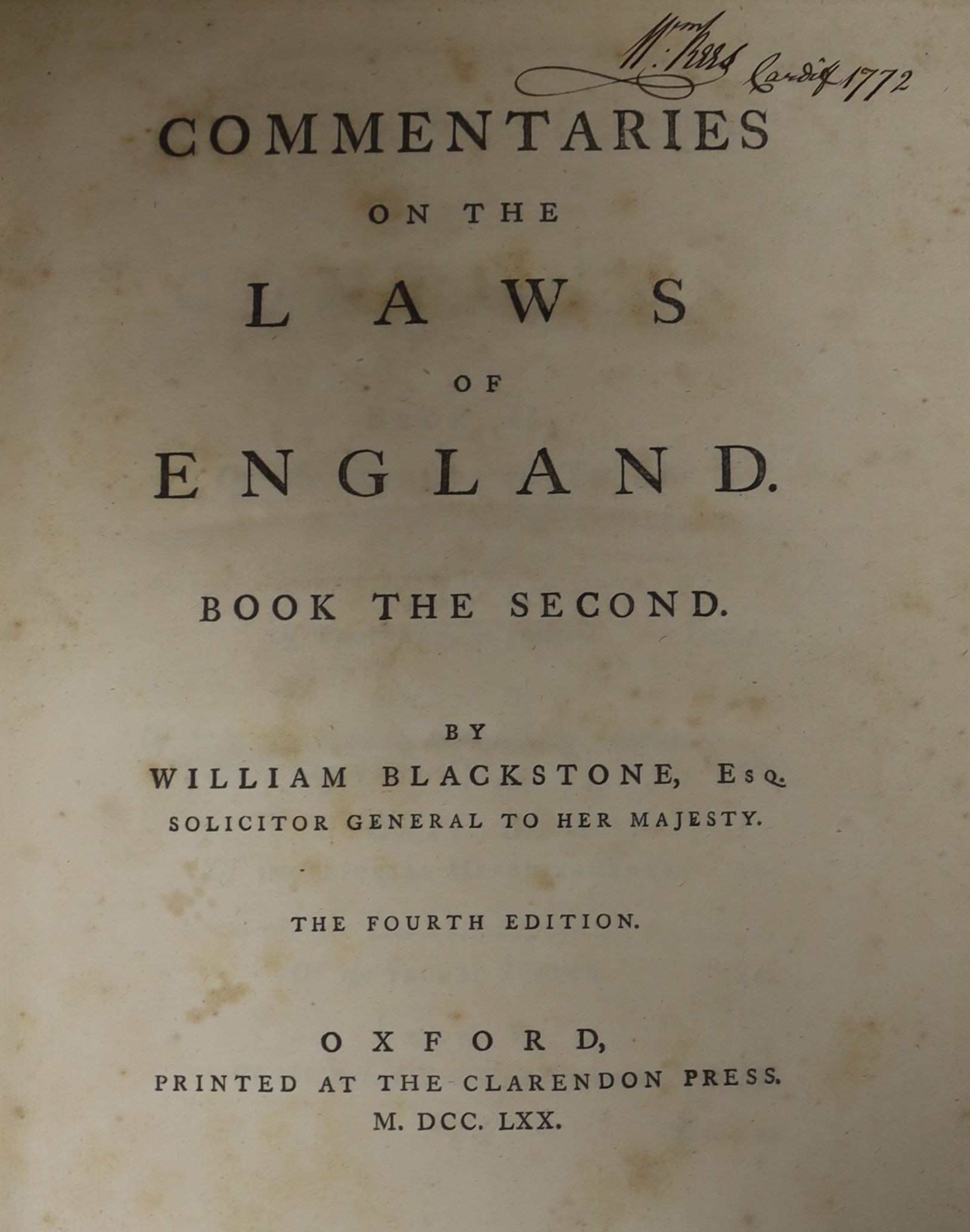 Blackstone, William, Sir - Commentaries on the Laws of England, 4th edition, 4 vols, 4to, calf, with 1 (of 2) folding engraved tables, leaves browned, lacking titling labels, Clarendon Press, Oxford, 1770